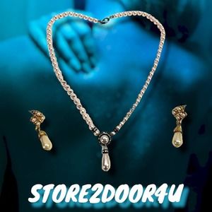 VINTAGE FAUX PINK PEARL BEADED DROP CRYSTAL RHINESTONE NECKLACE & EARRINGS